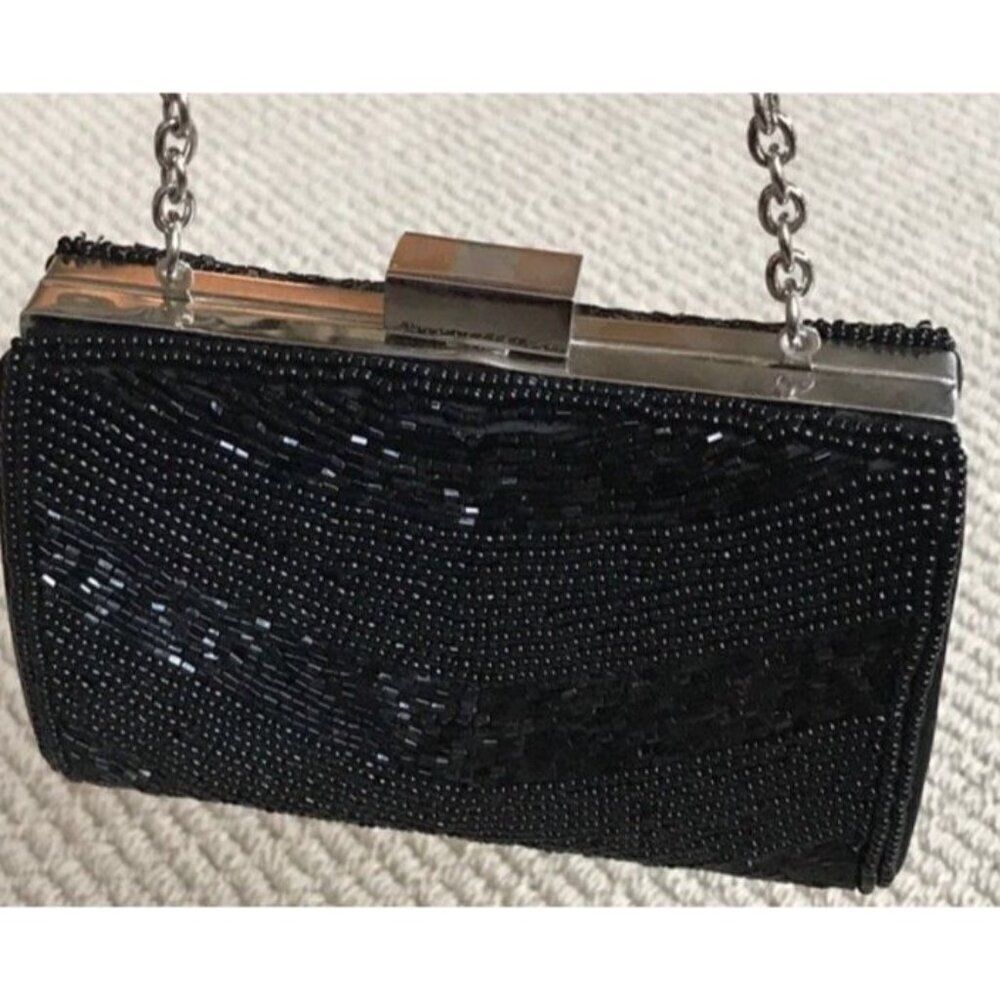BCBG Maxazria Black Beaded Clutch Purse Handbag Hot Pink Lining Chrome Trim